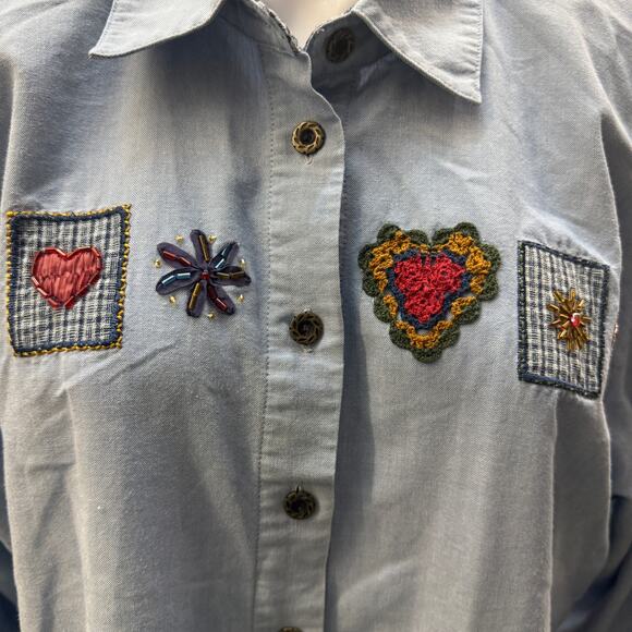 Vtg KORET CITY BLUES Petite Shirt Women XL Crochet Blue Denim Collared Button - Picture 1 of 4